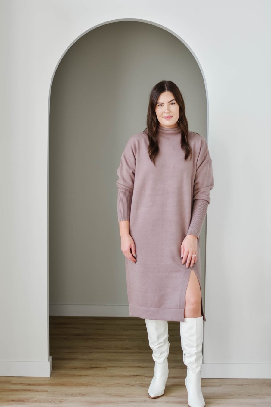 Curve Mad About Style | Tanya Sweater Dress-Taupe | Xs-Xxl